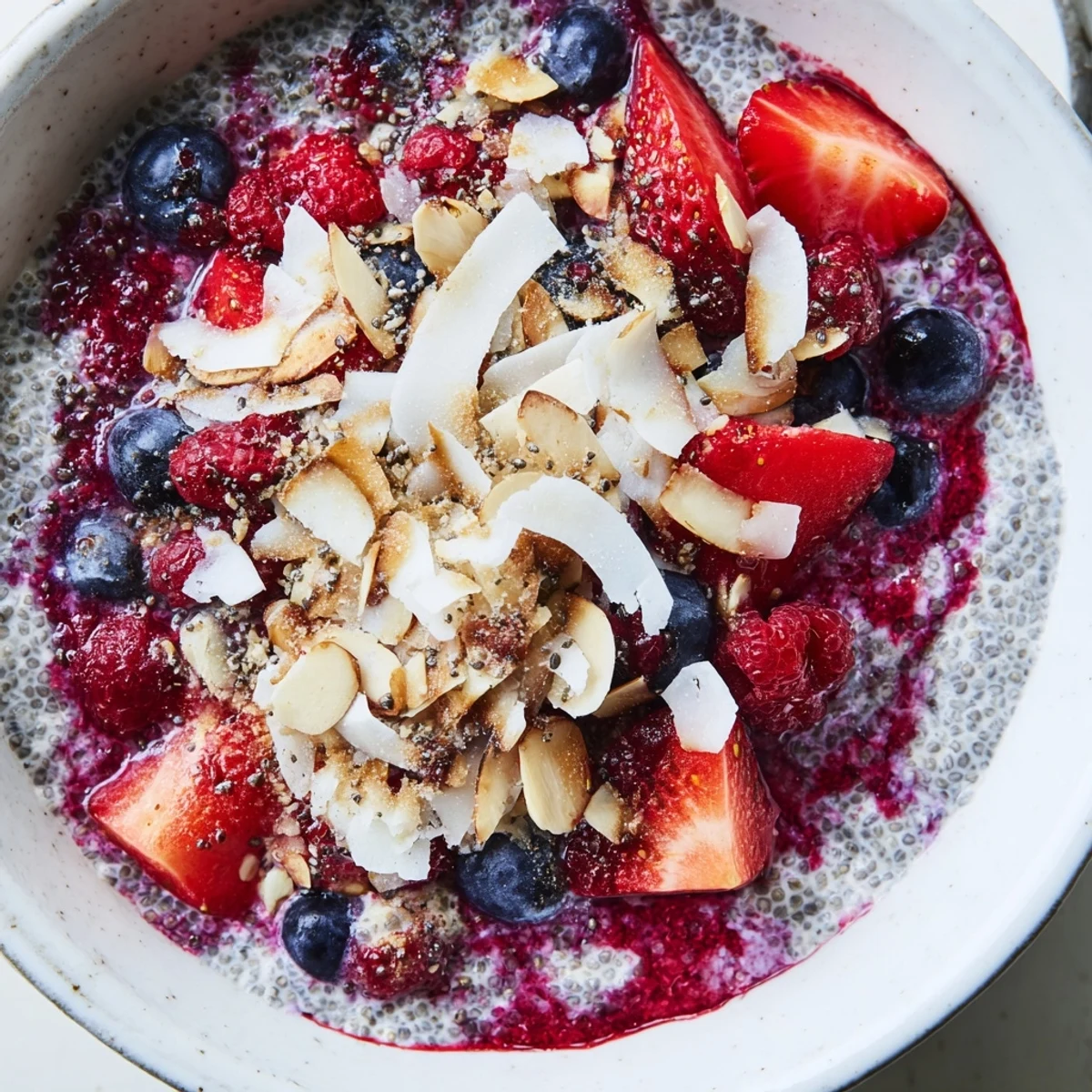 A layered breakfast of Berry Chia Pudding with fresh berries and coconut flakes, so refreshing.
