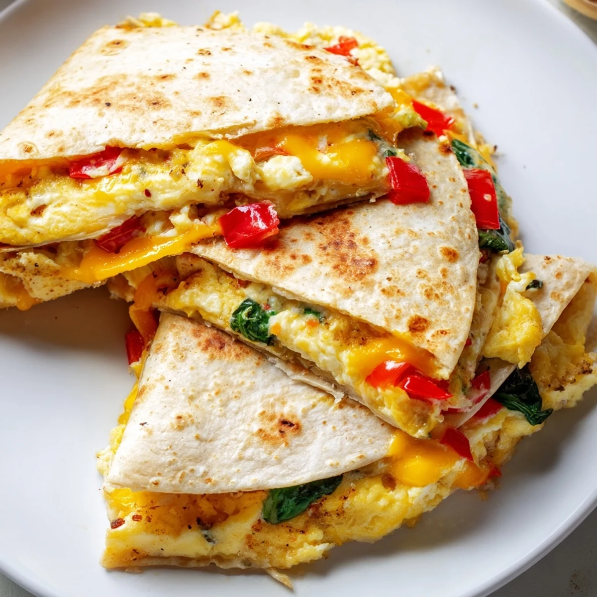 Golden-brown, folded Breakfast Quesadilla brimming with cheese, eggs, and veggies, ready to eat.