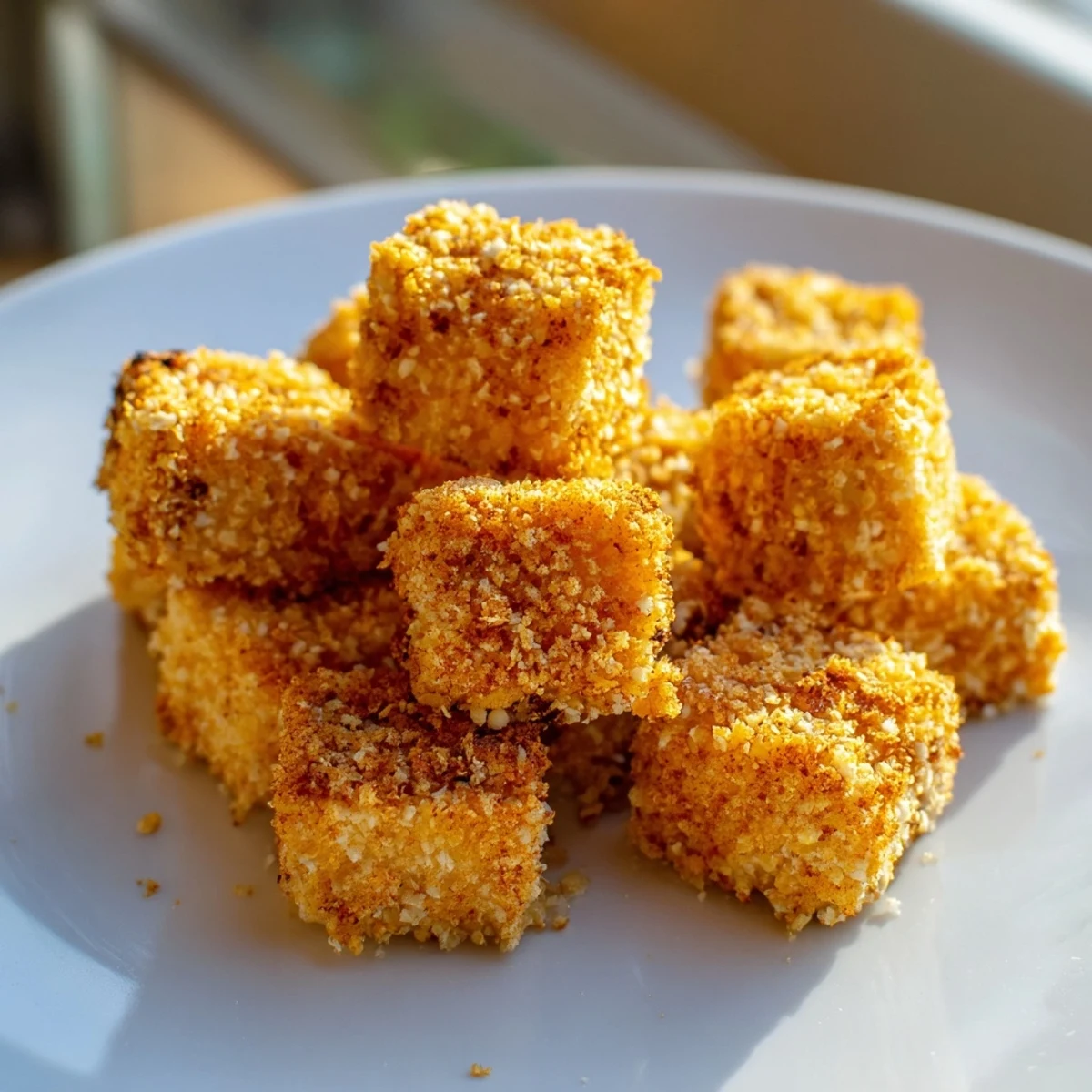 Golden brown, crispy tofu nuggets ready to be dipped, a delicious plant-based snack.