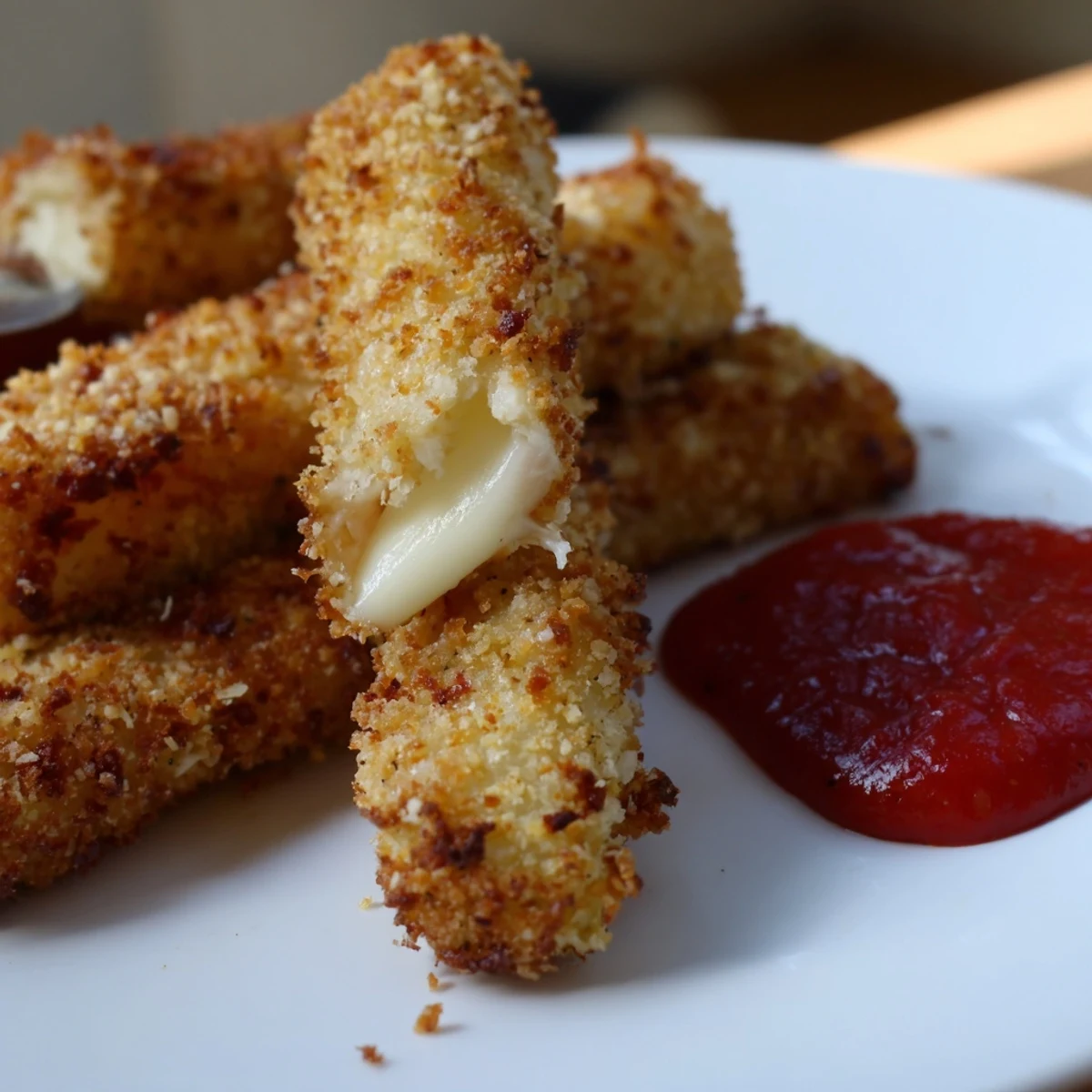 Melted mozzarella oozing from crispy breading: a photo of delicious air fryer mozzarella sticks.