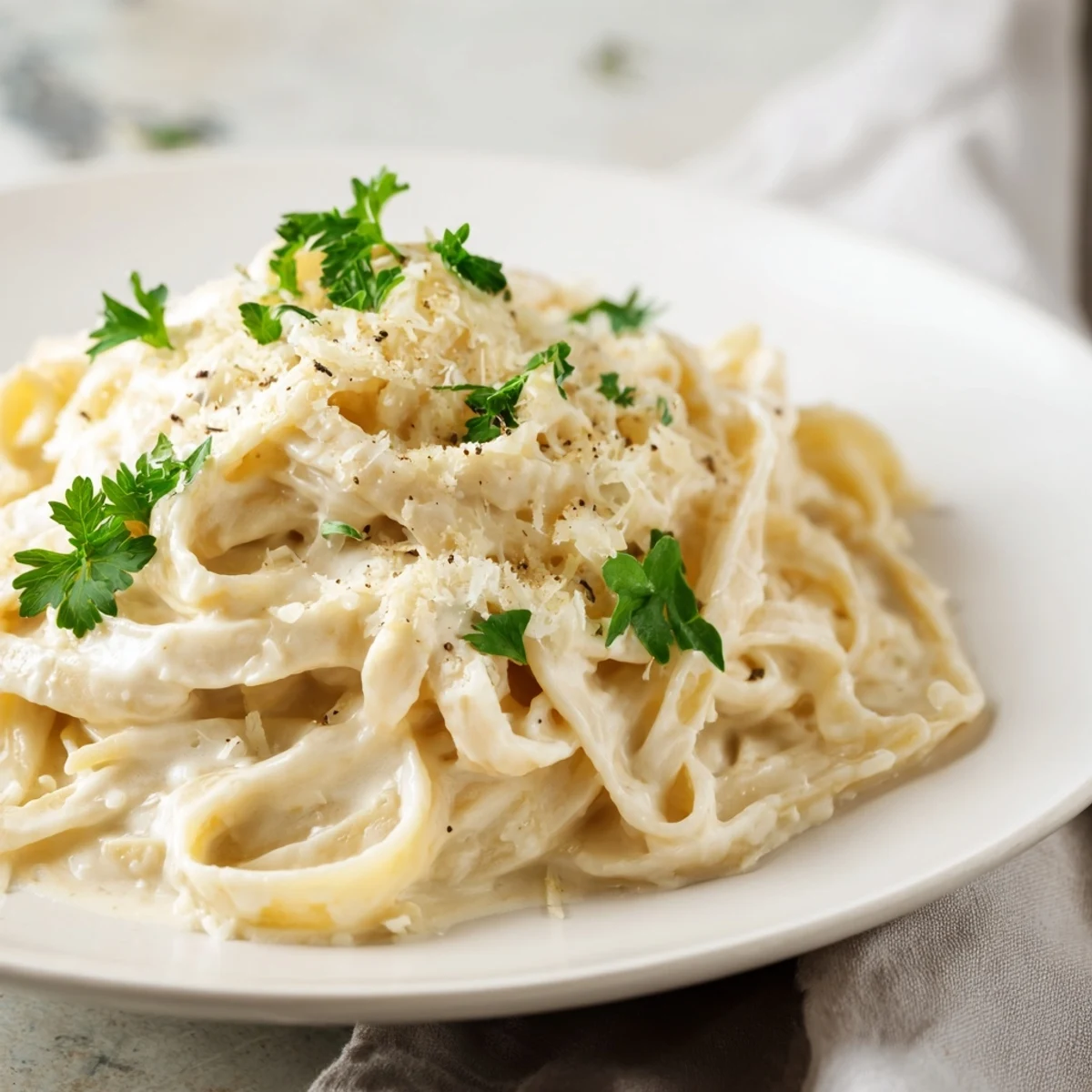 Delicious Cottage Cheese Alfredo Sauce, a lighter, high-protein alternative, served with fettuccine pasta tonight.