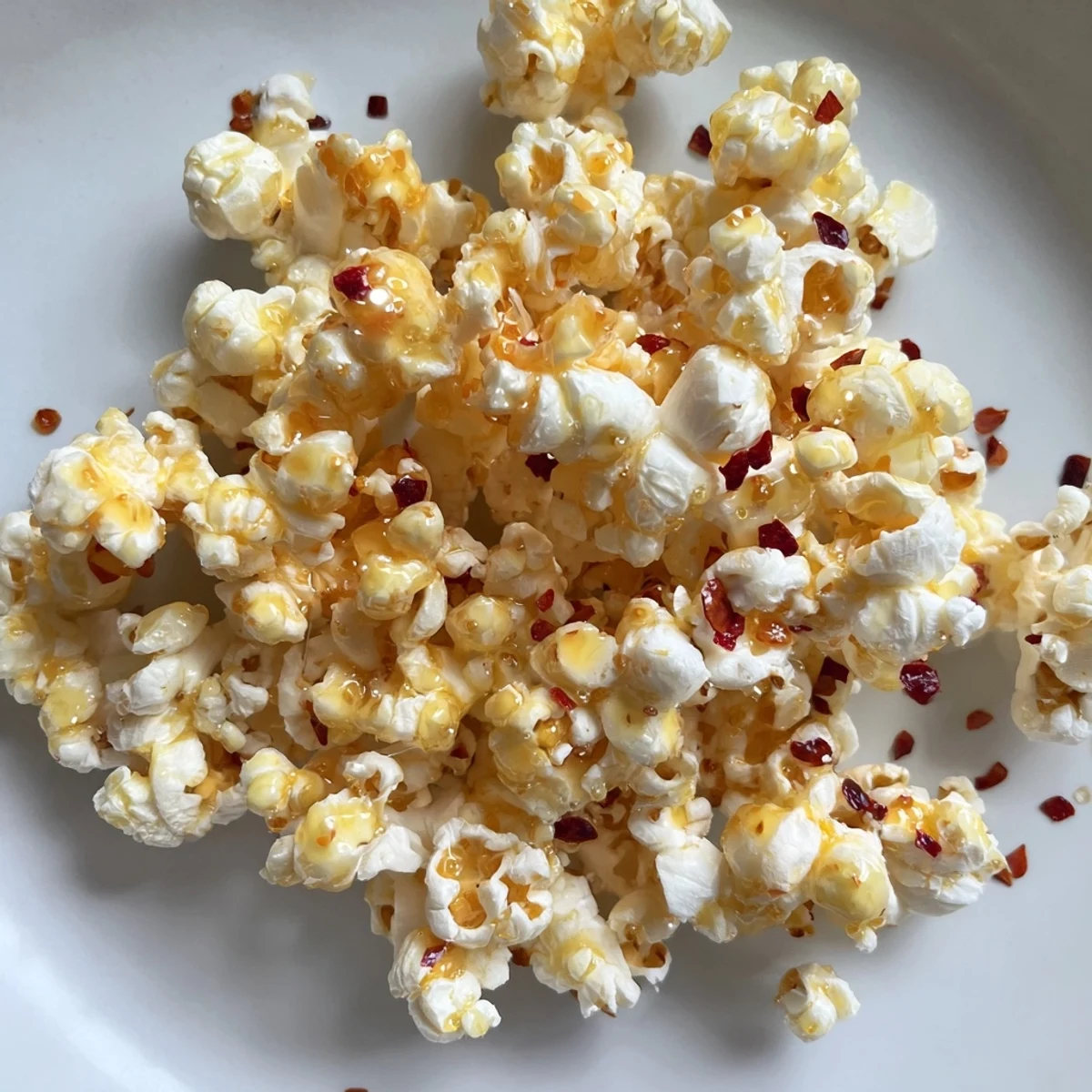 Up close, textured hot honey butter popcorn, with hints of red chili flakes—a savory masterpiece.