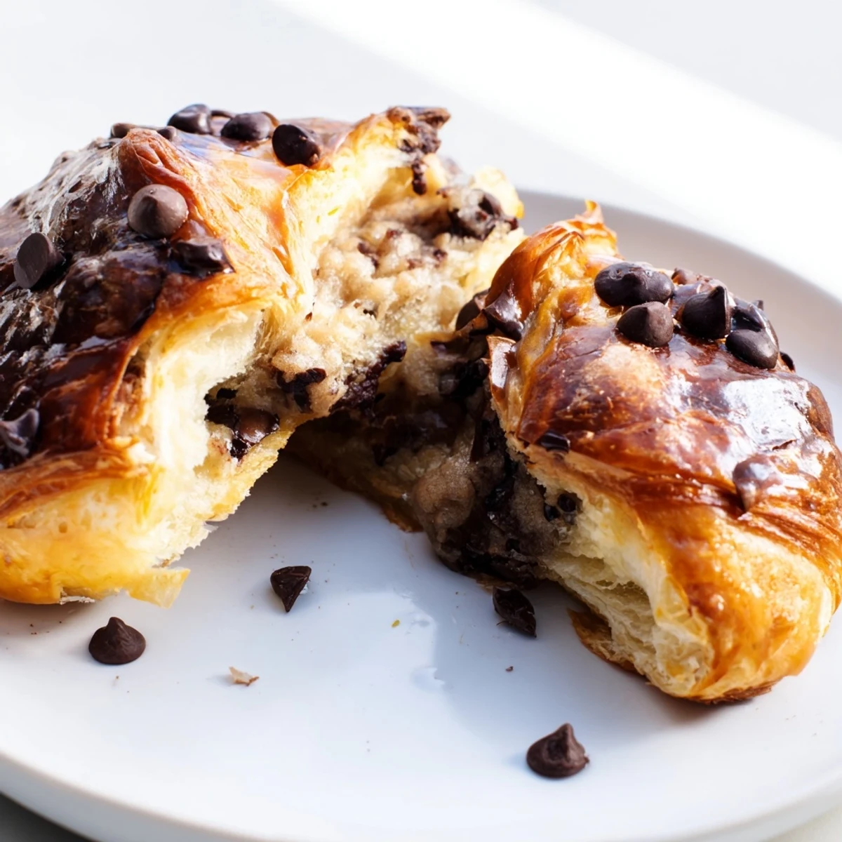 Golden-brown Viral Crookies showcasing flaky pastry layers filled with a rich, melted chocolate chip cookie.