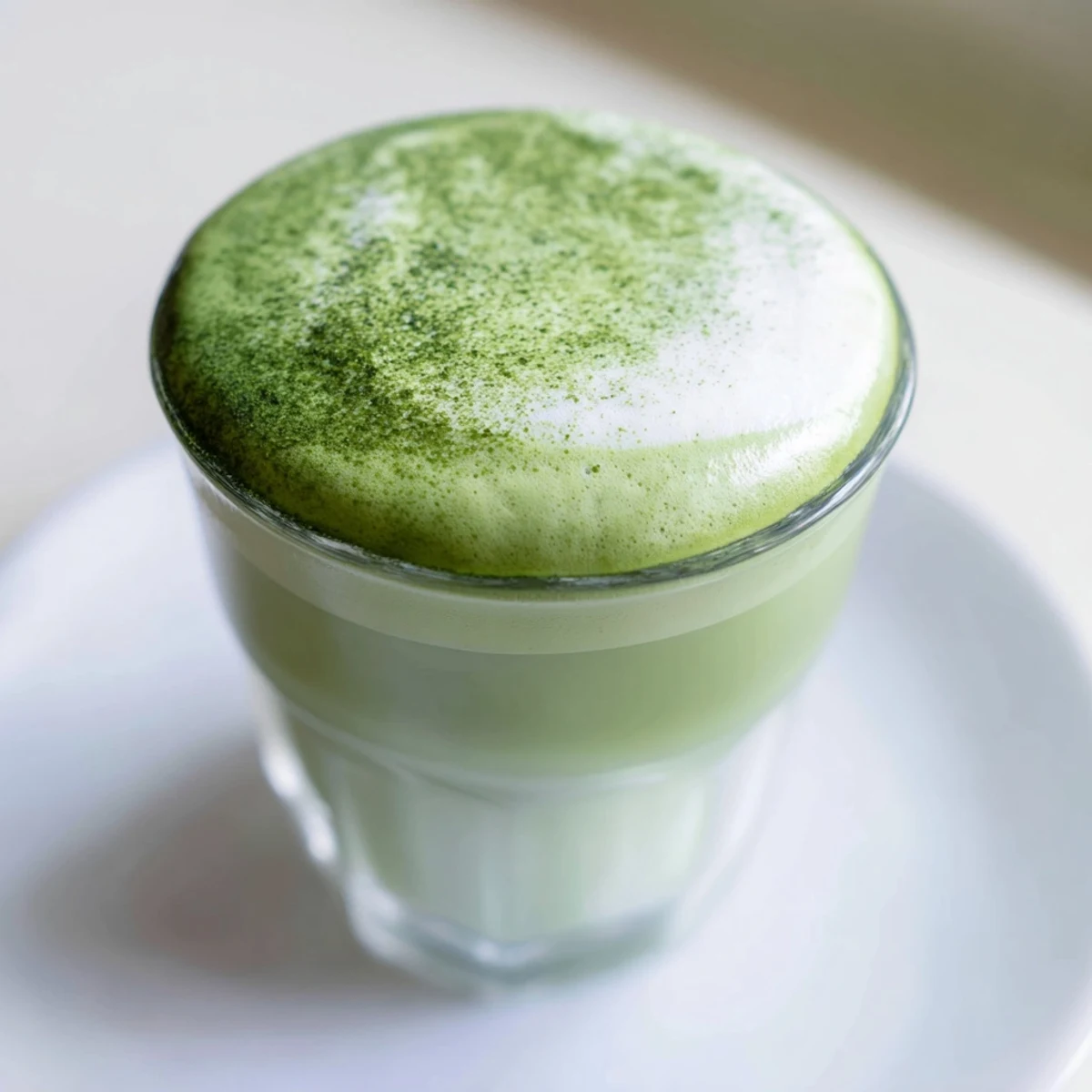 Fluffy, sweet cold foam crowns a vibrant green Creamy Matcha Latte, perfect for a refreshing treat.