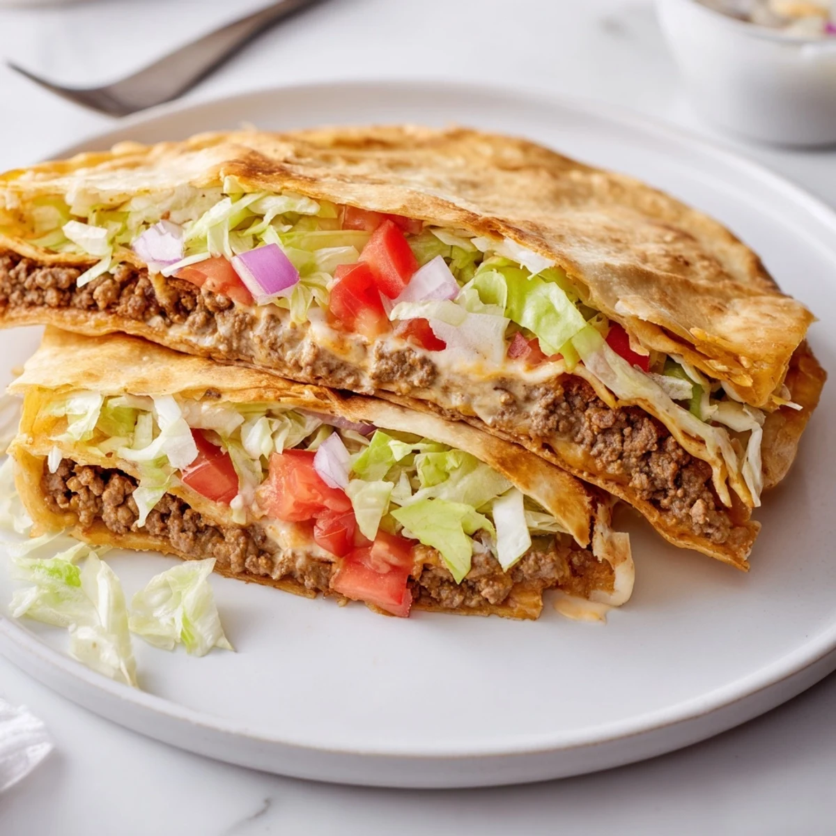 Golden-brown, crisp Taco Bell Crunchwrap Supreme, with layers of savory beef and melted nacho cheese.