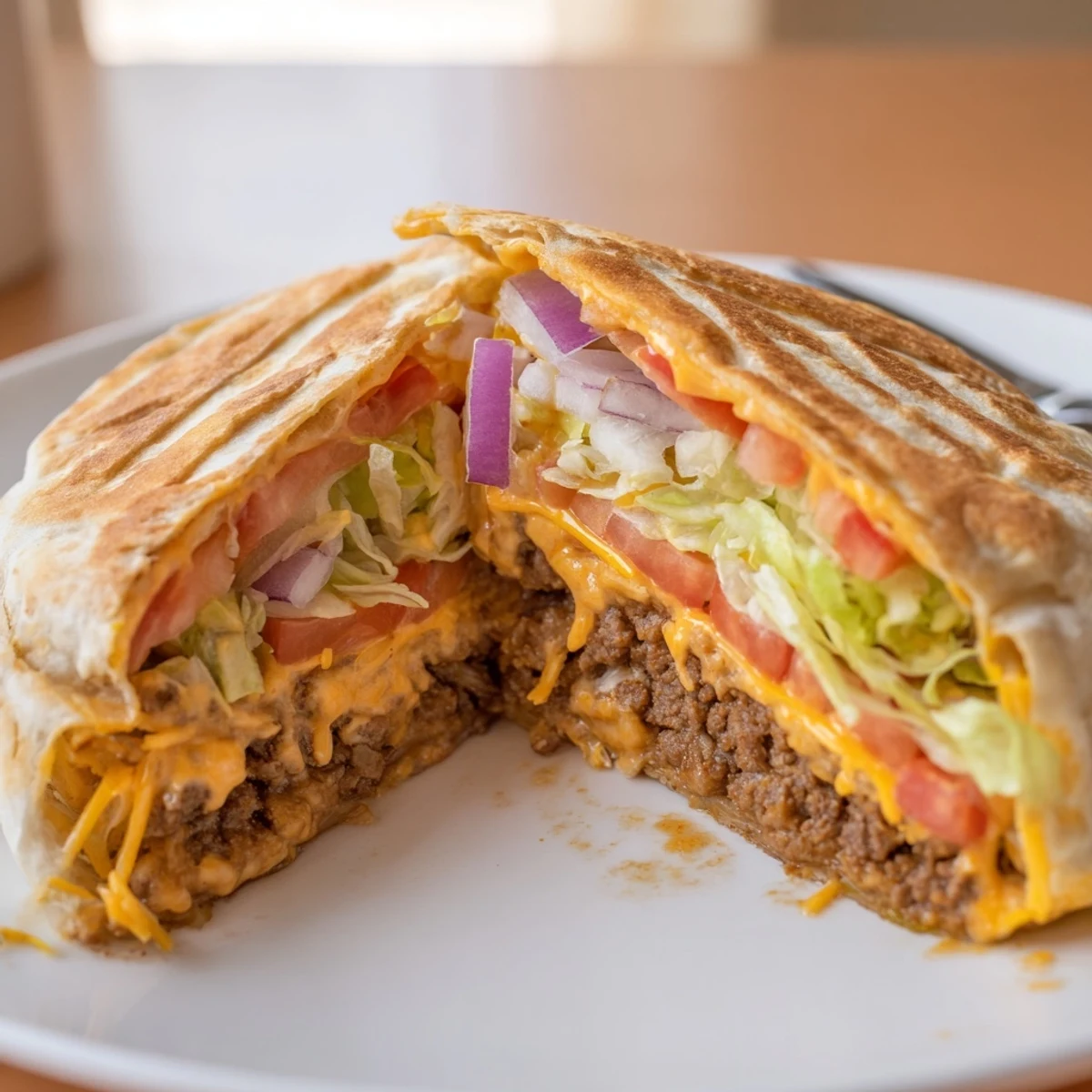 Tempting view of a fully-loaded Taco Bell Crunchwrap Supreme, featuring fresh veggies and a crispy shell.