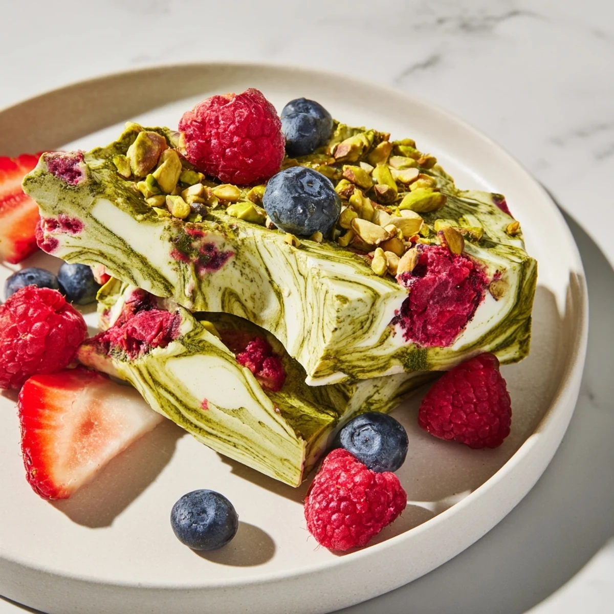 Creamy Frozen Yogurt Bark swirled with vibrant berries and pistachios, a delightful frozen treat suggestion.