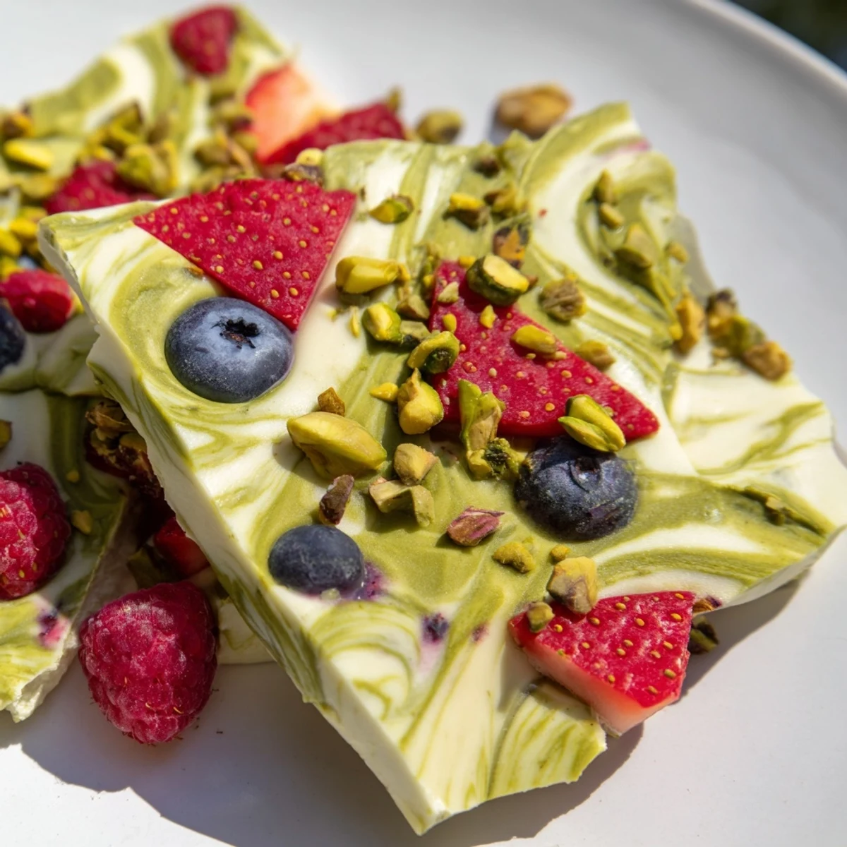 Refreshing Frozen Yogurt Bark features a beautiful swirl of matcha and berries, ideal for a light dessert or snack.