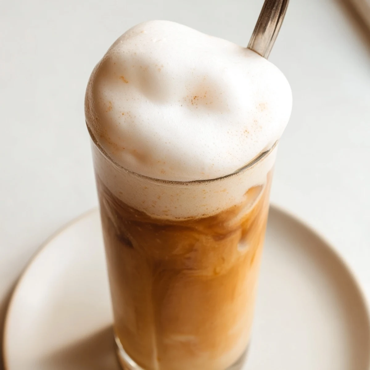 Fluffy Starbucks Cold Foam rests atop a chilled iced coffee, beautifully swirled in a clear glass.