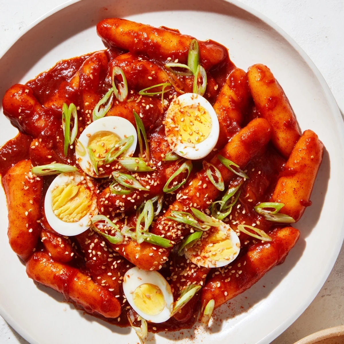 Steaming Korean tteokbokki with vibrant red sauce, featuring chewy rice cakes and a soft boiled egg.
