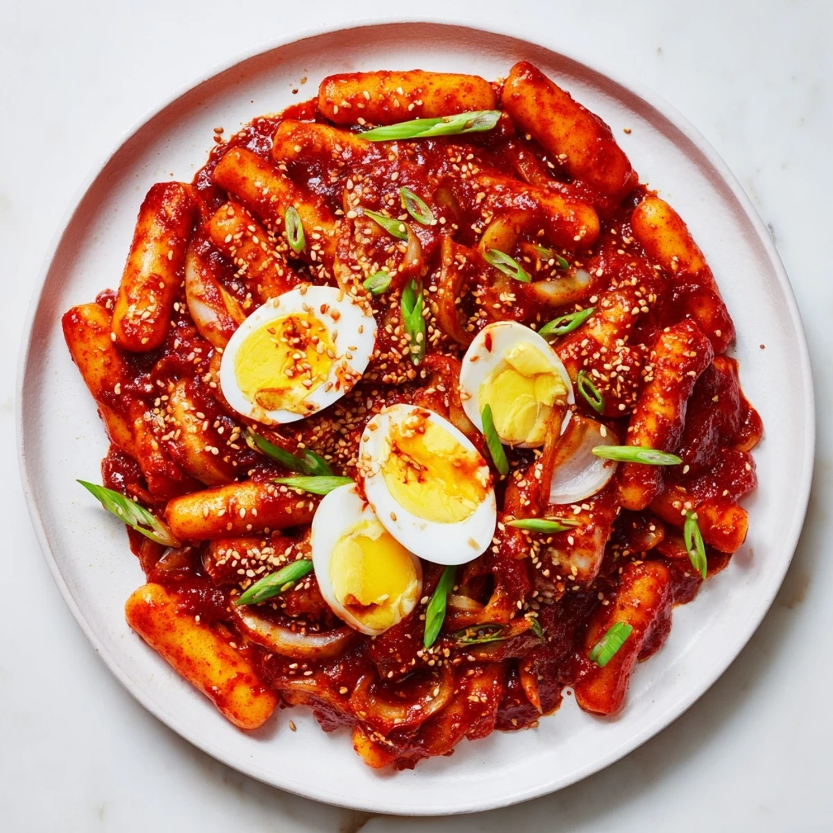 Freshly garnished Korean tteokbokki offering a delicious, flavorful, and satisfying vegetarian meal idea.