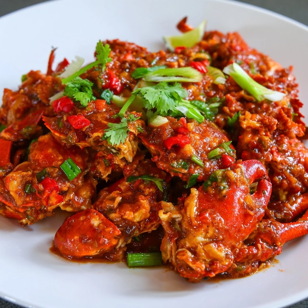 Vibrant Singaporean Chili Crab, showcasing meaty crab pieces in a rich, spicy, tomato-based sauce, ready to serve.
