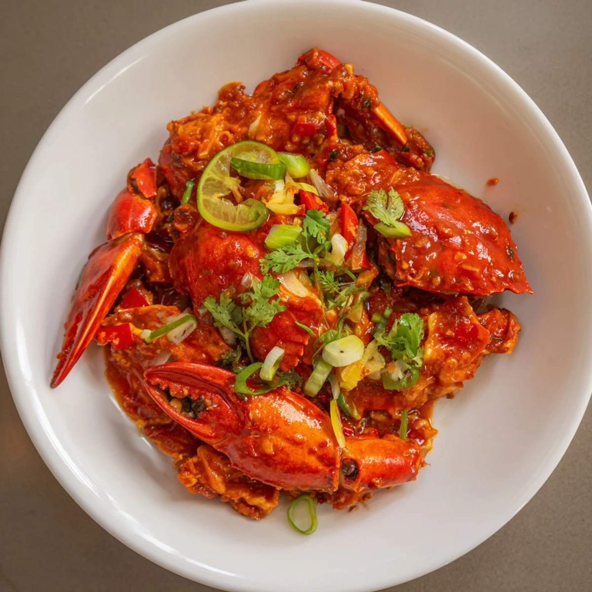 A close-up of delicious Singaporean Chili Crab featuring tender crab claws bathed in a flavorful, glossy sauce.