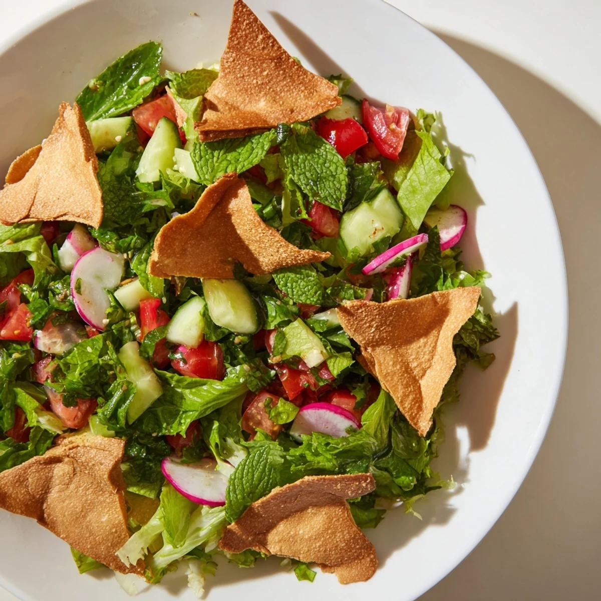 Fresh Lebanese fattoush salad with vibrant colors and crispy pita chips, ready to enjoy.