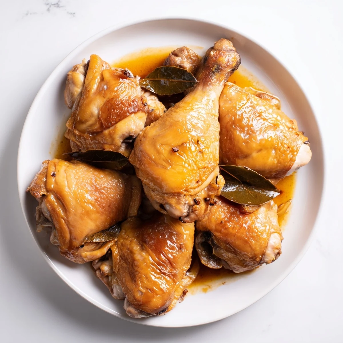 A close-up shot of rich, browned Filipino Chicken Adobo, ready to serve over fluffy white rice.