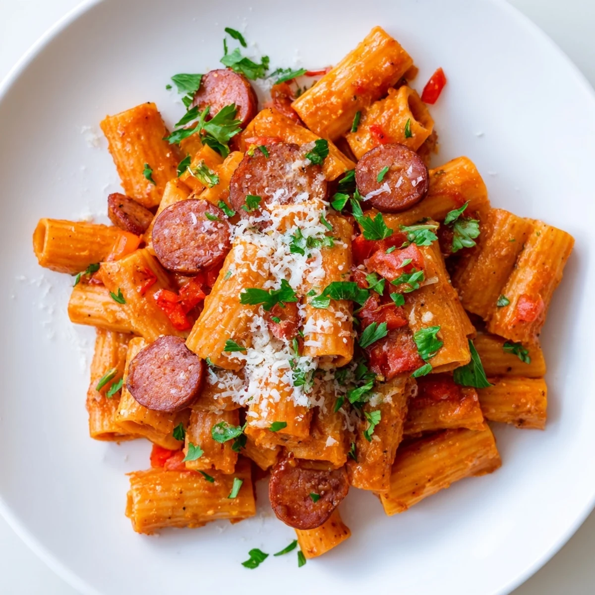 A steaming plate of Spanish Chorizo Pasta, showcasing the vibrant tomato sauce and spicy chorizo.
