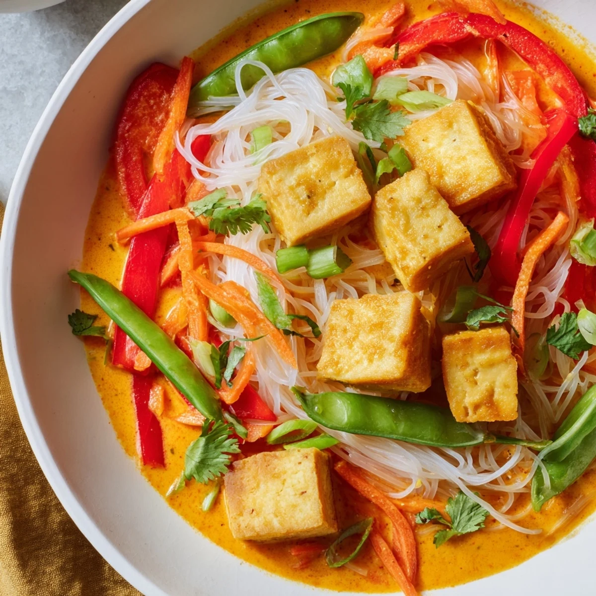 Homemade Malaysian Laksa Curry bowls bursting with colorful veggies, tofu, and aromatic coconut broth, ready to serve.