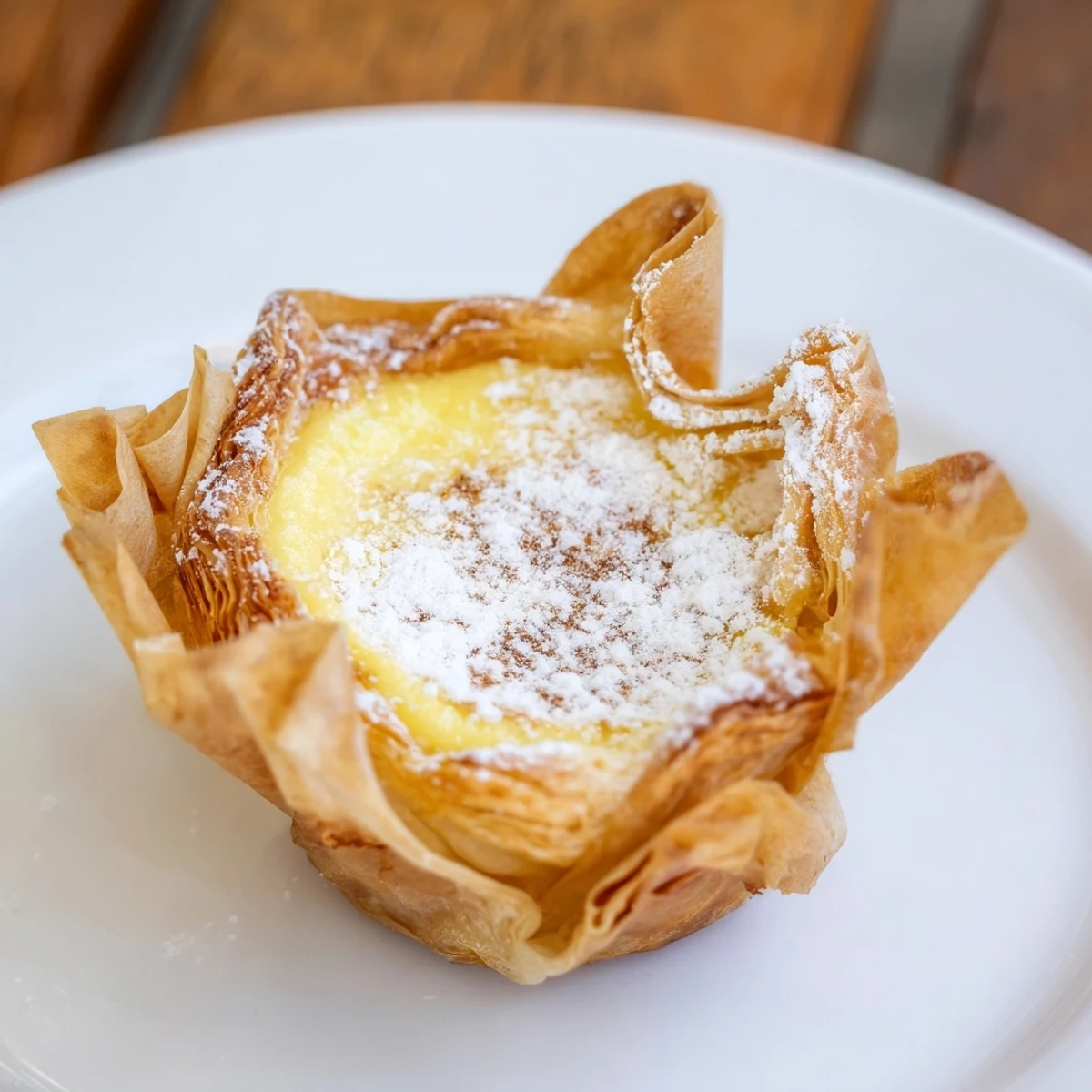 Flaky pastry cups overflowing with creamy, sweet custard—a beautiful photo of Portuguese egg tarts.