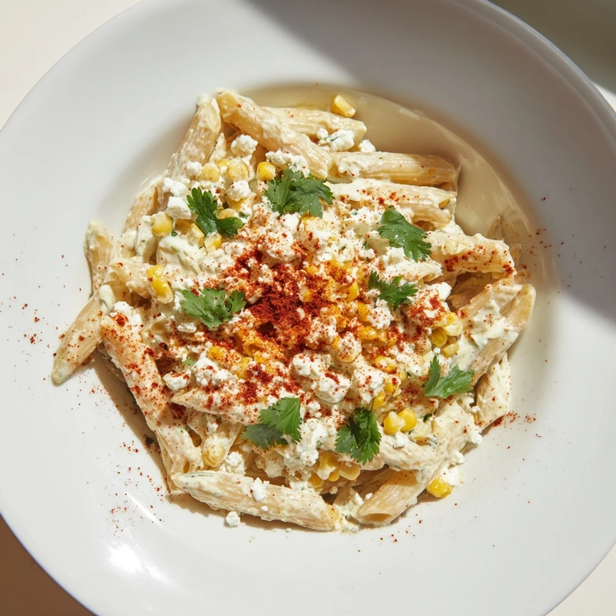 A flavorful bowl of Mexican street corn pasta, featuring creamy corn and cotija cheese.