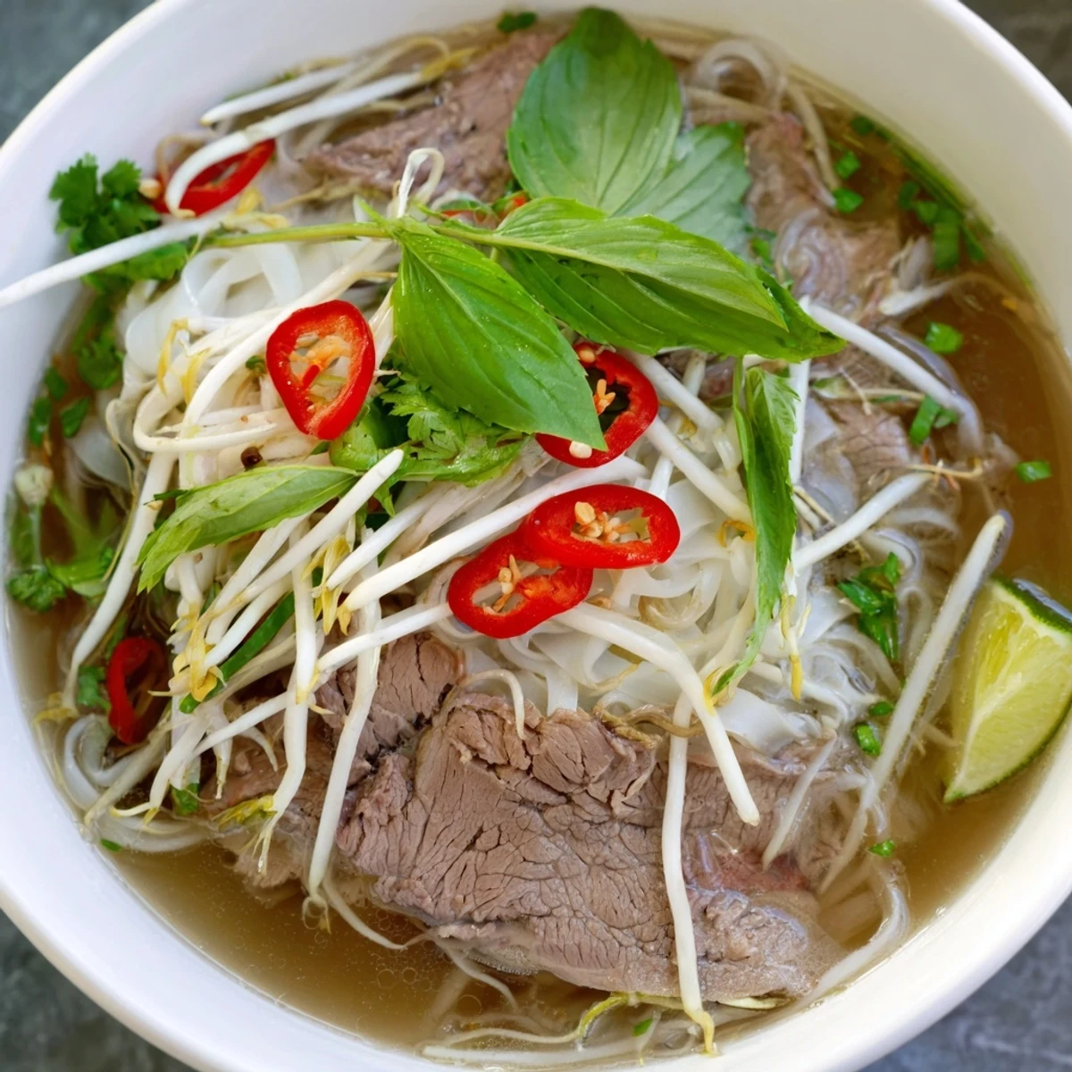 Steaming bowl of Vietnamese Pho Express with tender beef, fresh herbs, and fragrant broth.