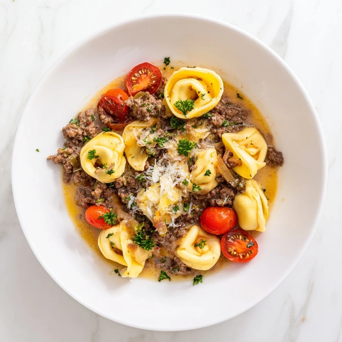 A steaming bowl of Tortellini Beef Soup, packed with tender pasta and savory beef.