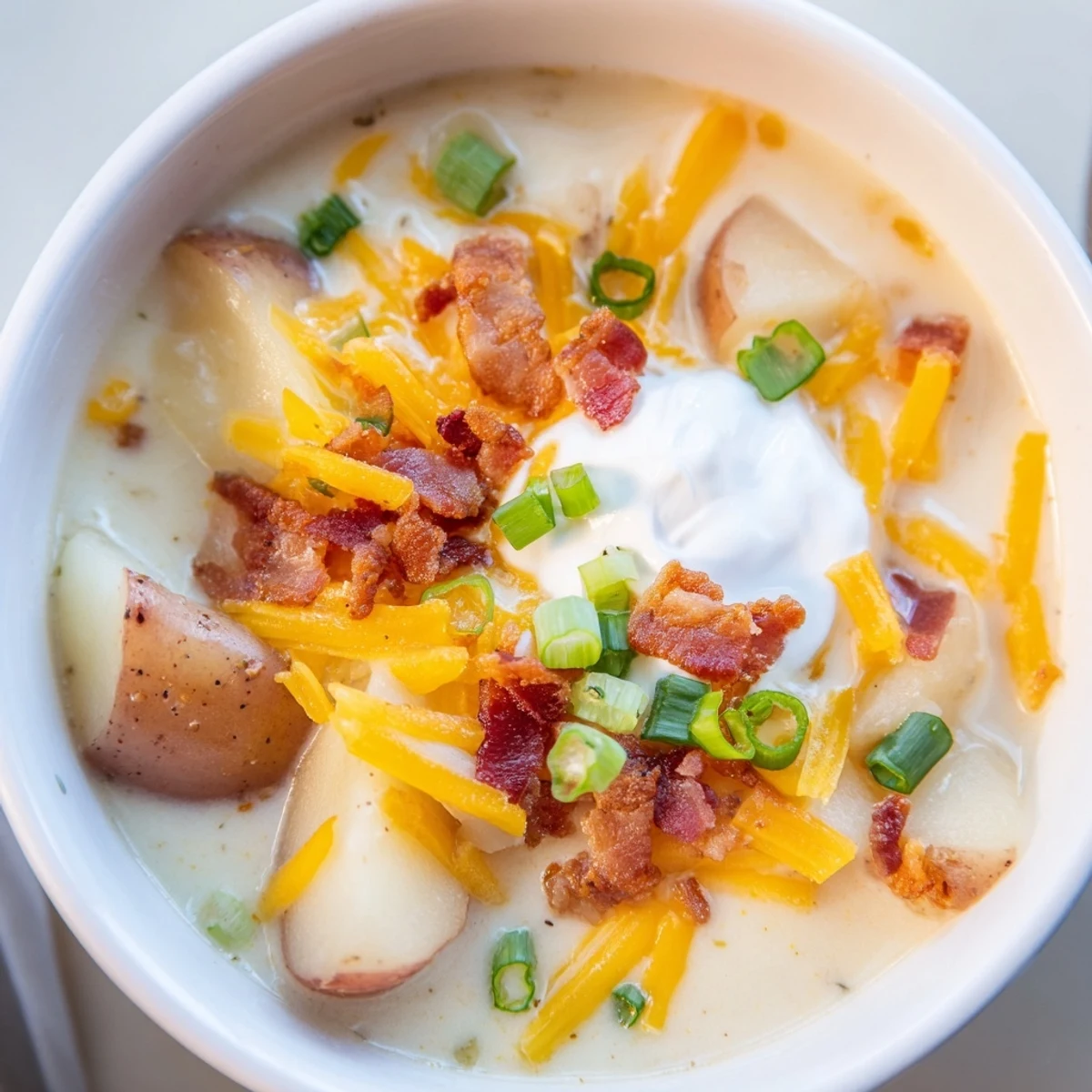 Loaded baked potato soup with crumbled bacon and creamy cheddar cheese, ready to be enjoyed.