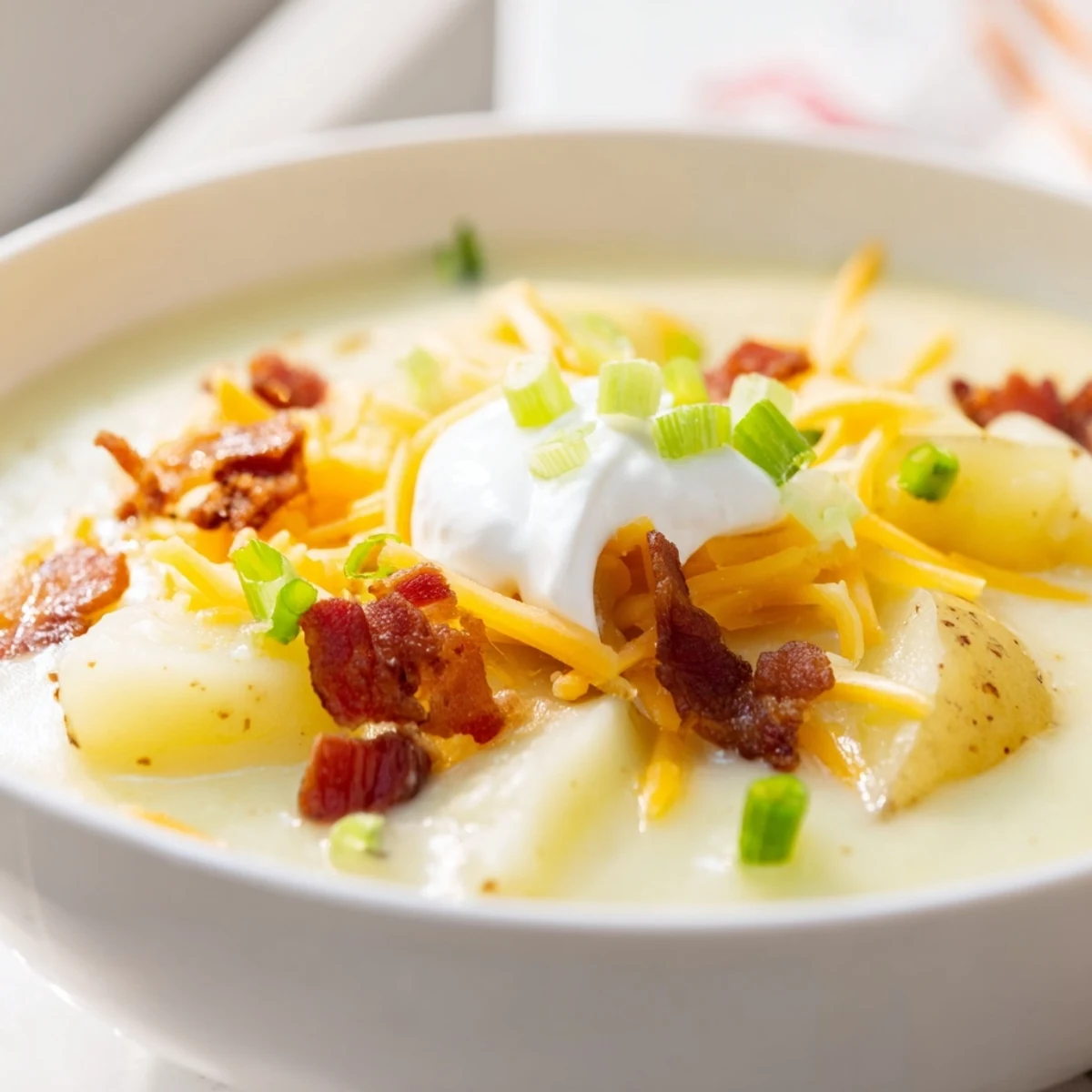 A steaming bowl of loaded baked potato soup, garnished with green onions and sour cream swirls.