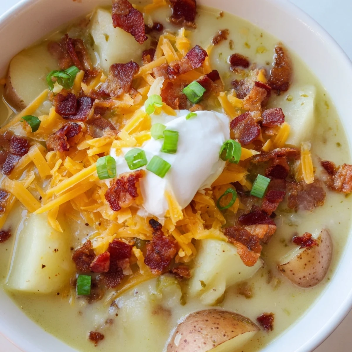 Homemade loaded baked potato soup, a hearty American classic with visible chunks of potato.