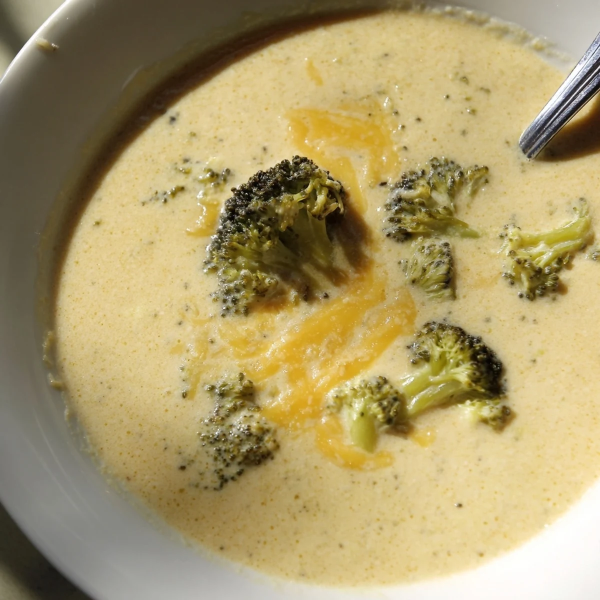 Steaming bowl of creamy Broccoli Cheddar Soup, garnished with vibrant green broccoli florets.
