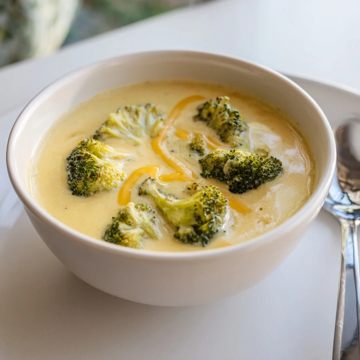 Golden bits of roasted broccoli blend into a thick Broccoli Cheddar Soup, ready to serve.