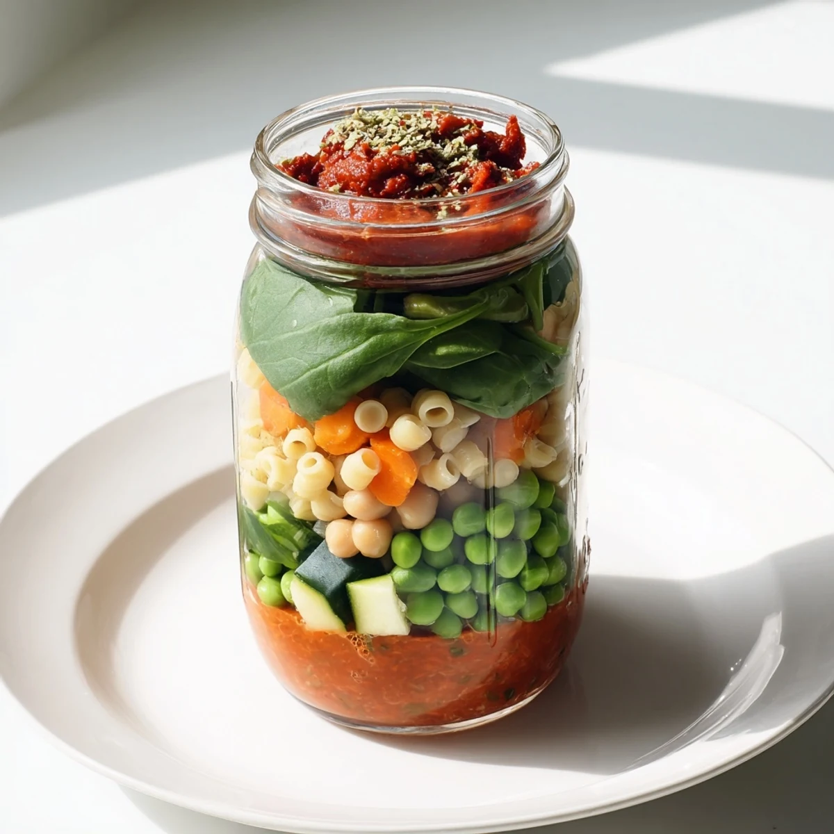A Mason jar of vibrant Minestrone Soup, showcasing vegetables, pasta, and beans before heating.