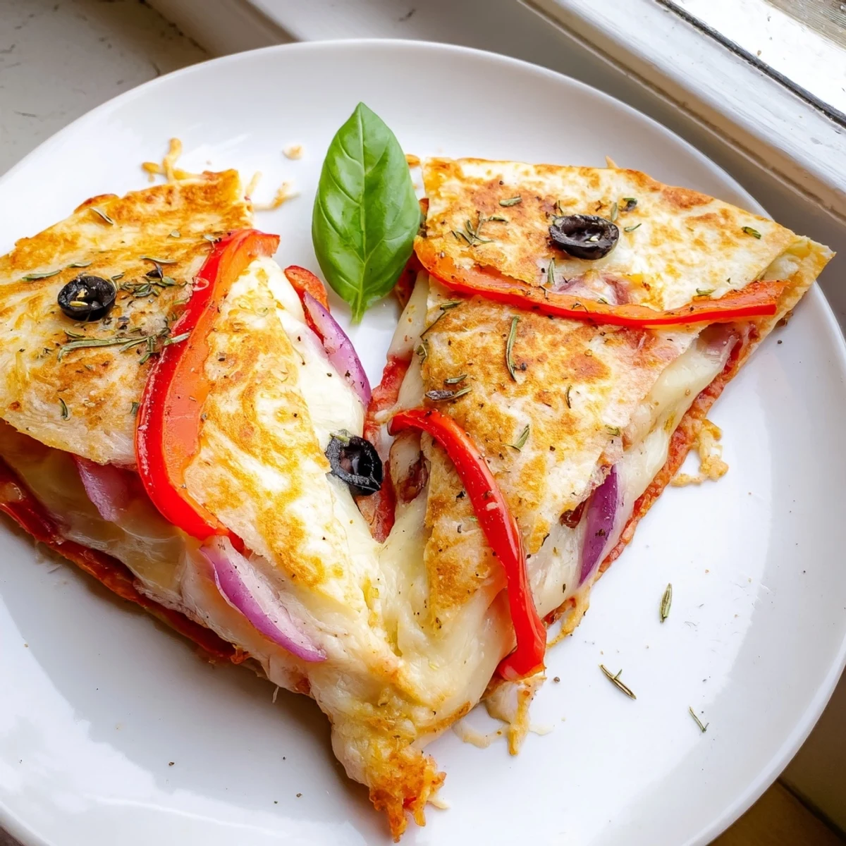 A folded tortilla pizza wrap, filled with pepperoni and mozzarella, sizzling in a hot pan.