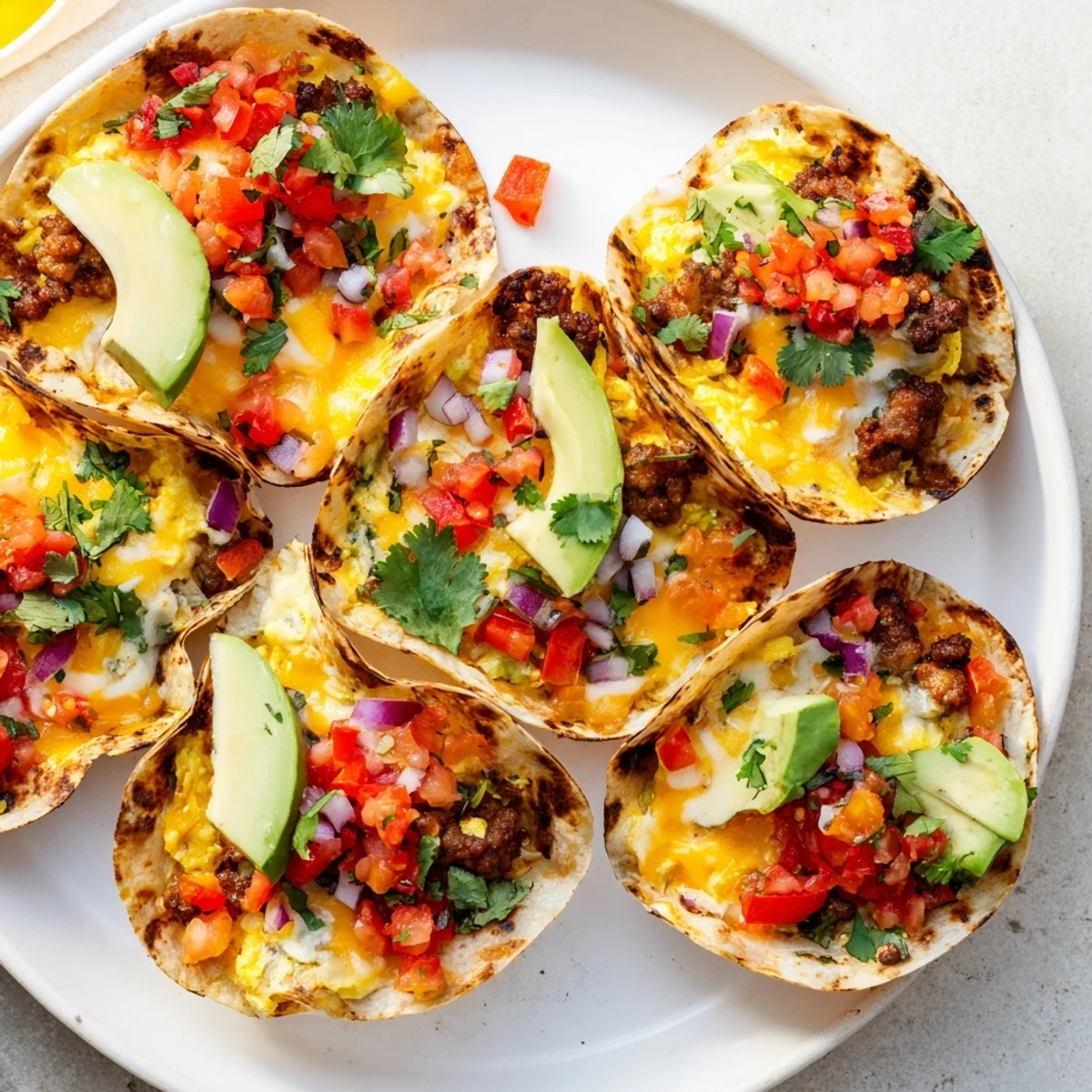 A close-up of cheesy Sheet Pan Breakfast Tacos, showcasing fluffy eggs baked in crispy tortillas.