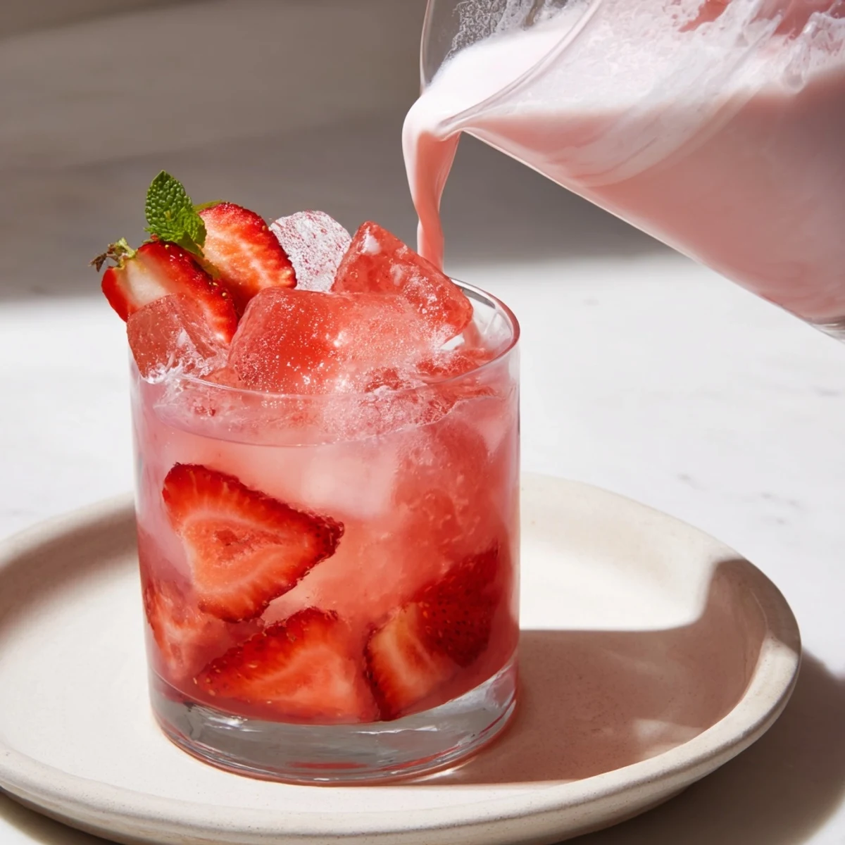 Beautiful pink Refresher Copycat Pink Drink, swirled with coconut milk and strawberry slices, over ice.