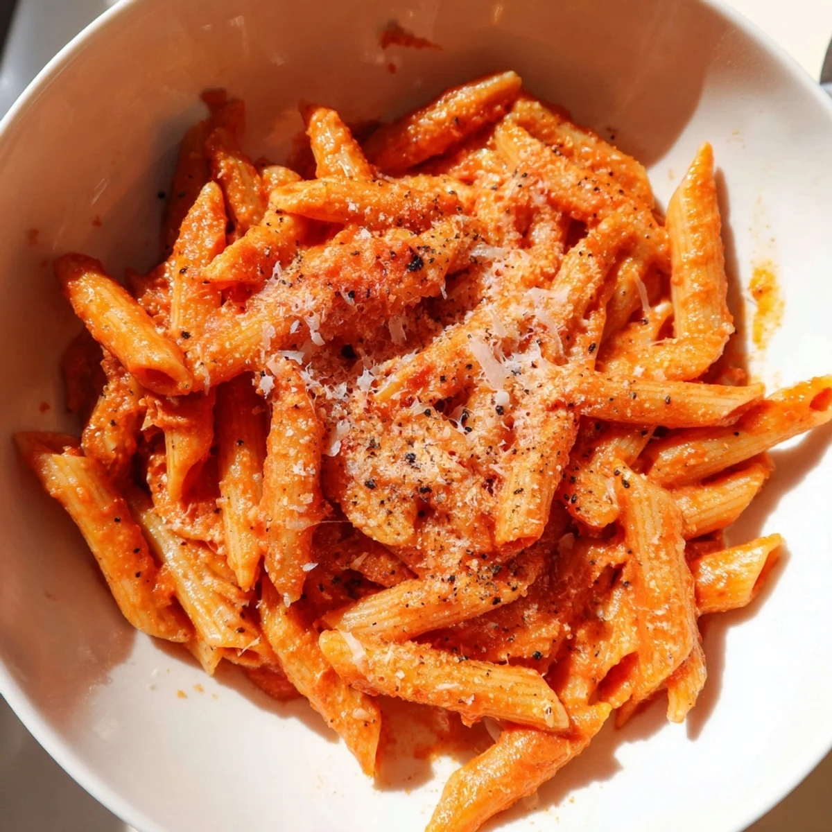 Steaming bowl of Microwave Bowl Pasta, ready to serve with Parmesan and a sprinkle of pepper.