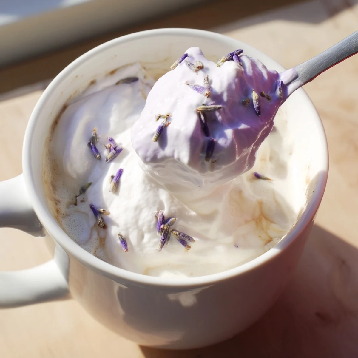 Steaming Whipped Lavender Latte: fluffy, lavender-infused whipped cream topping warm espresso, perfect morning treat.