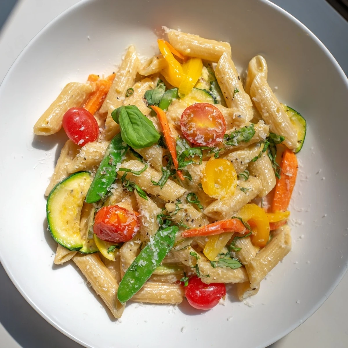 A close-up of One-Pot Creamy Pasta Primavera; fresh basil garnishes this comforting vegetarian dish.