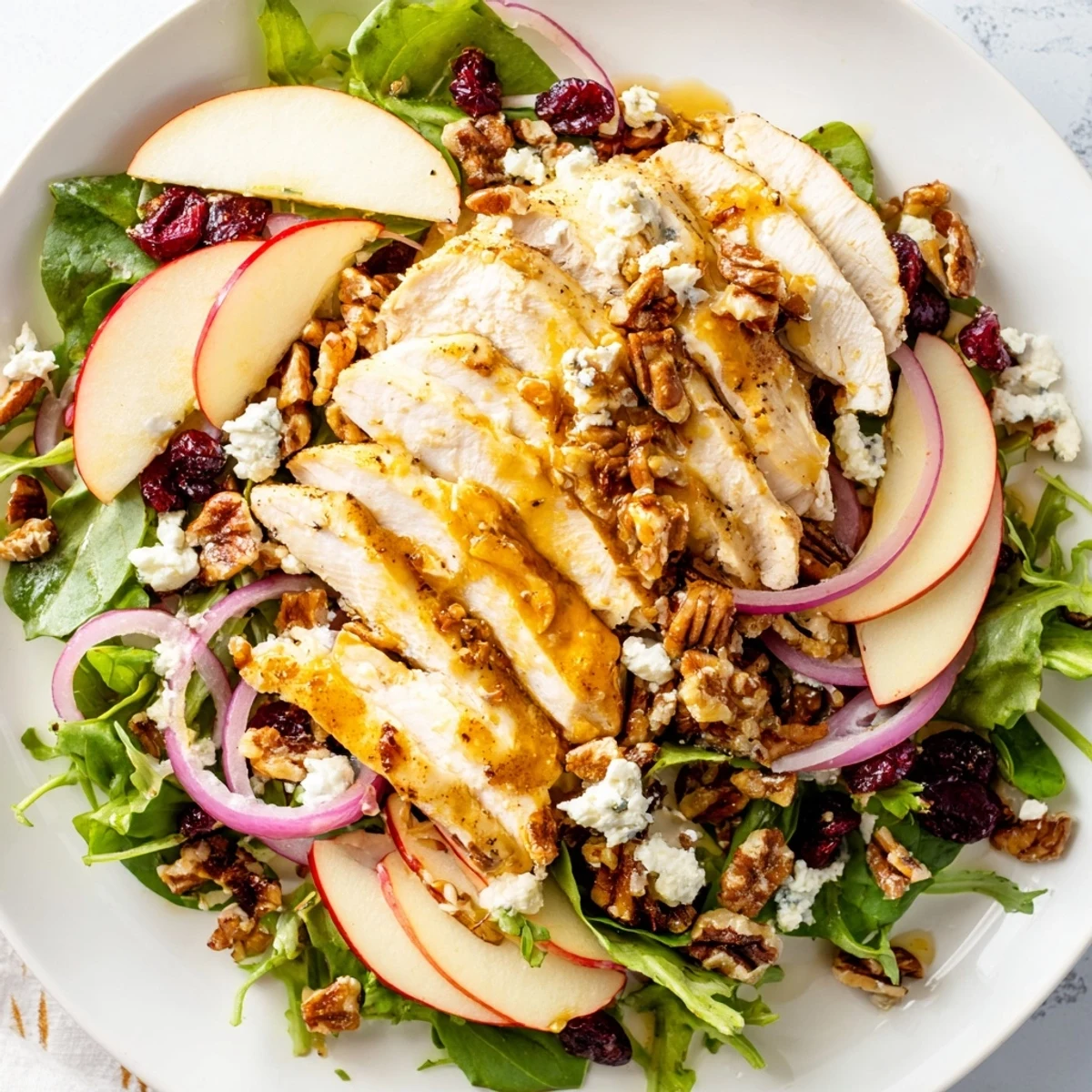 Close-up of a Caramel Apple Chicken Salad, showing fresh apples, chicken, and caramel dressing drizzle.
