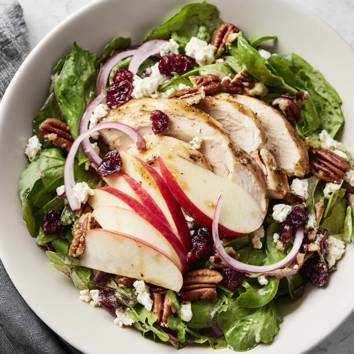 A beautiful bowl of Caramel Apple Chicken Salad, ready to serve and brimming with flavorful ingredients.