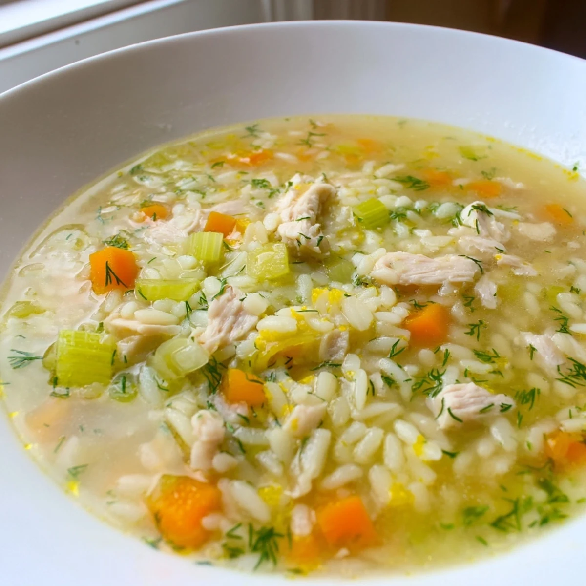 Golden broth brimming with Chicken Lemon Orzo Soup, topped with fresh herbs, ready to be served.