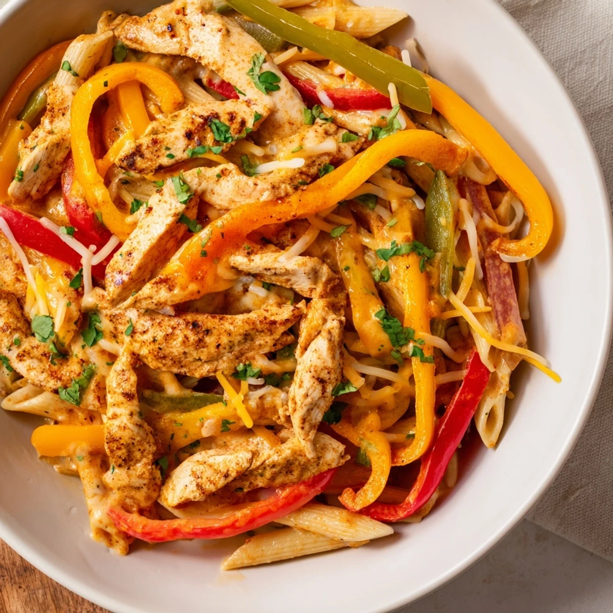 Chicken Fajita Pasta Skillet with melted cheese and fresh cilantro, a Tex-Mex delight.