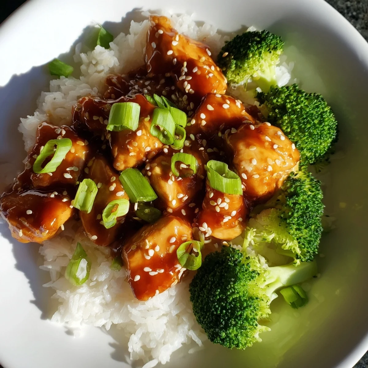 Sweet Chili Chicken Bowl, with glistening glazed chicken over fluffy rice and vibrant broccoli.