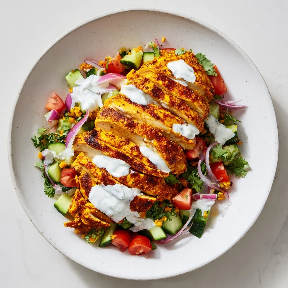 This savory Chicken Shawarma Salad features tender chicken atop a bed of crisp greens, ready to enjoy.