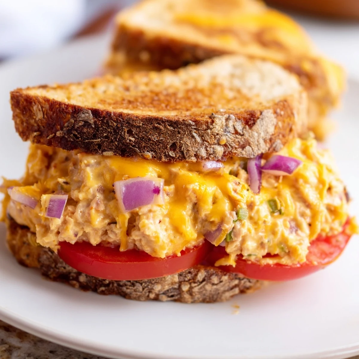 Gooey cheddar cheese melting over a spicy tuna melt on toasted sourdough bread.