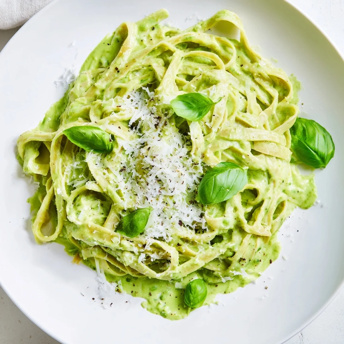 A warm bowl of creamy green pea Alfredo pasta, garnished with fresh basil and Parmesan cheese.
