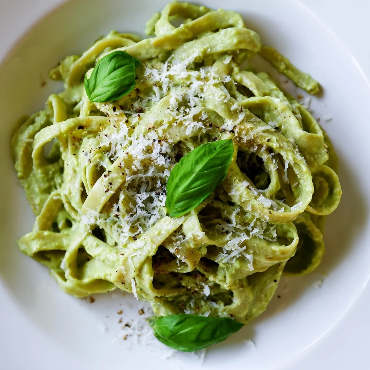 Bright green creamy green pea Alfredo sauce coats the pasta, with hints of Parmesan and black pepper.