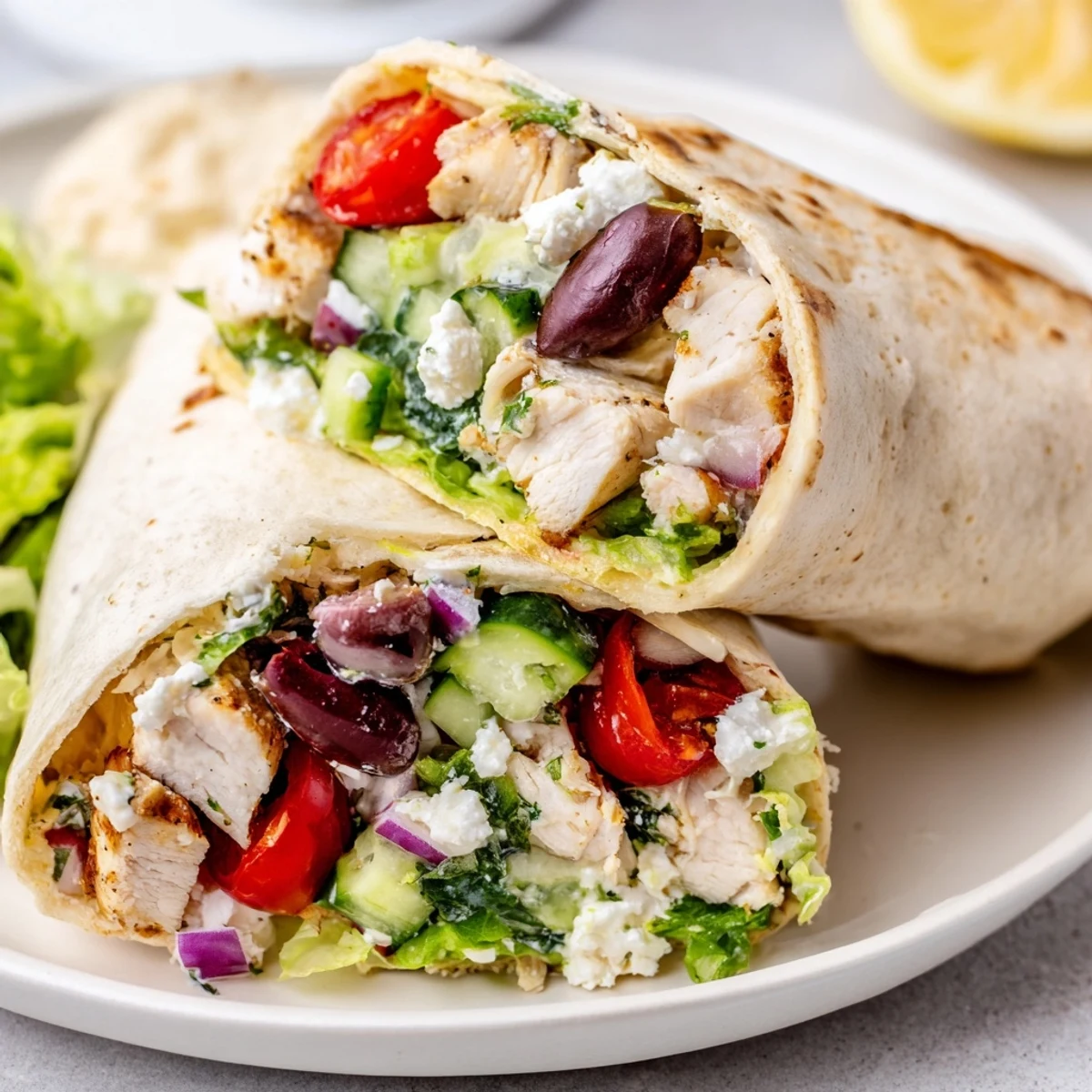 Golden grilled Greek Lemon Chicken Salad Wrap, bursting with fresh Greek salad and tangy feta.