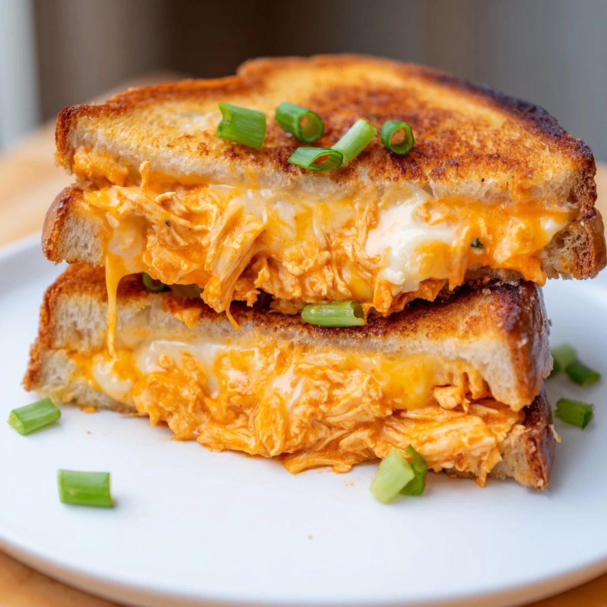 Golden, gooey Buffalo Chicken Ranch Grilled Cheese, dripping with melted cheese, ready for your first bite.