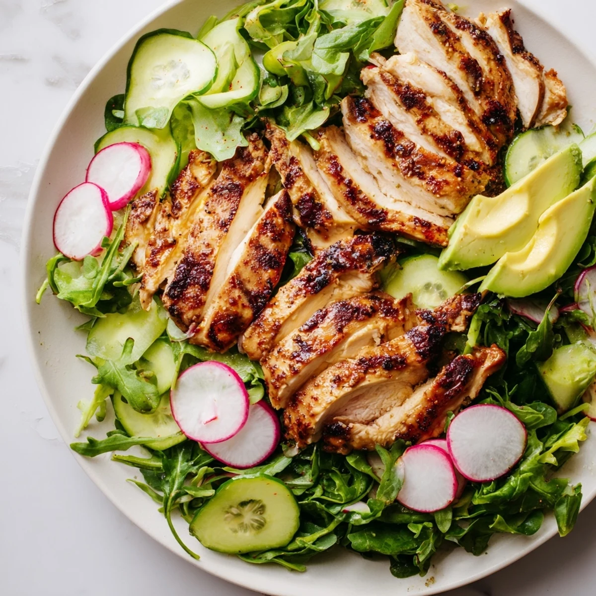 Fresh, colorful Spring Detox Chicken Salad, ready to eat, with grilled chicken and vibrant greens.