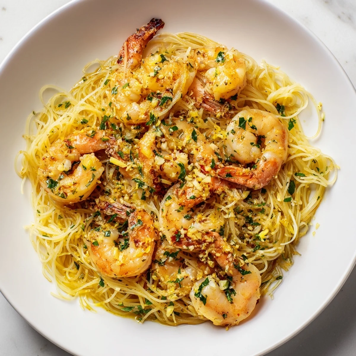 Golden-brown Lemon Butter Shrimp Pasta Lite, glistening with a vibrant lemon sauce and parsley, ready to eat.